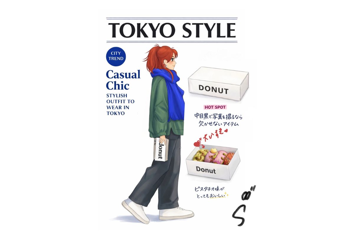 東京中目黑散步旅行隨記｜用插畫記錄穿搭、咖啡廳與甜甜圈
