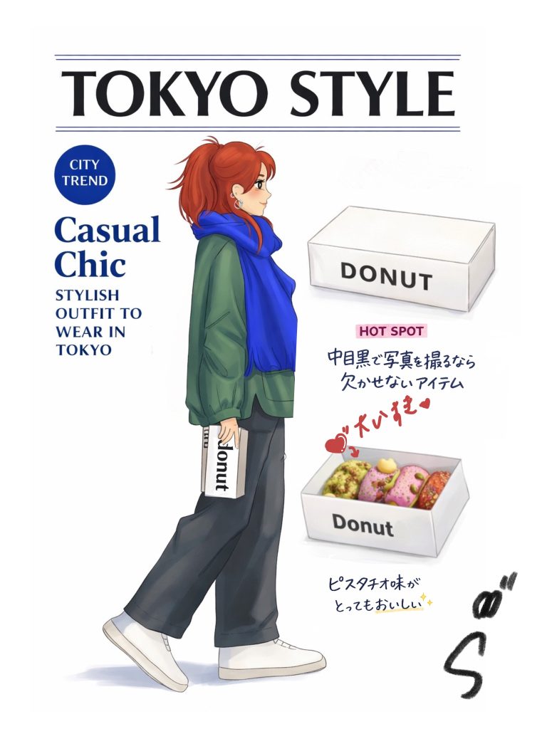 東京街頭風格插畫，一位穿著休閒層次穿搭的女生，手提甜甜圈盒，呈現東京日常生活與時尚感