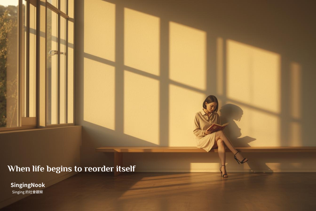 夕陽光影下閱讀的女性，象徵人生重新排序與職涯選擇