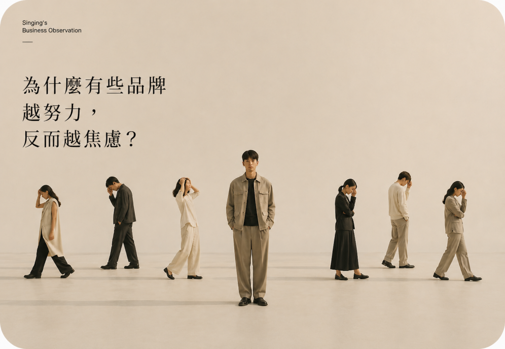 本圖為〈為什麼有些品牌越努力,反而越焦慮?〉文章封面。以 Editorial 雜誌風格呈現品牌經營中的焦慮與方向選擇,探討品牌策略、品牌定位、會員制度、商業思維與品牌經營等議題。